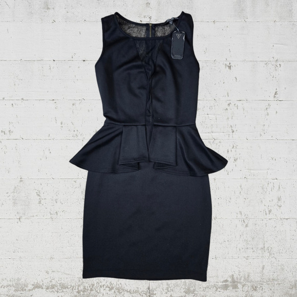 Guess Black Peplum Sleeveless Mesh USA Made Bodycon Classic Mini Dress Size XS - Picture 1 of 6
